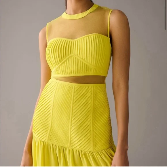 Anthropologie Vineet Ball Puff-Sleeve Textured Sheer Panel Trumpet Hem Dress - Picture 4 of 6